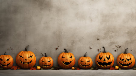 Halloween pumpkins on concrete wall background.の素材