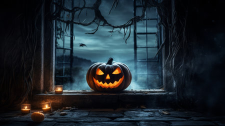 Scary Halloween pumpkin in the mystical house window at night or Halloween pumpkin in night on abandoned room with window. selective focus.の素材