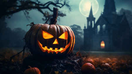 Horror view of Halloween pumpkin with scary smiling face. Head jack lantern with haunted building and tree on dark toned foggy background.の素材