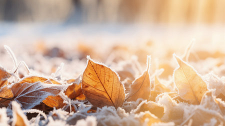 fallen leaves on frozen grass. Natural autumn background with fallen frozen leaves.の素材