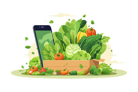 Box with fresh vegetables near mobile phone with application with healthy salad recipes for vegetarians. Organic vegetables delivered from farm store for health and diet conscious people.のイラスト素材