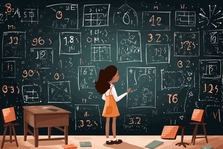 Little girl stands near school chalk board with formulas and tries to solve difficult problem. Child prodigy student in elementary school thought about solving theorem from higher mathematics.のイラスト素材