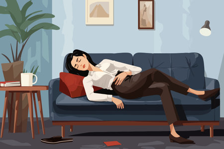 Tired business woman sleeps on couch, feeling lack of strength to change into pajamas after hard day work. Tired girl sleeps on sofa in office and is lazy shirking from official duties.のイラスト素材