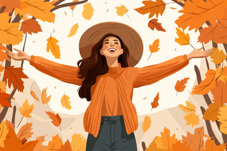 Woman with autumn leaves in hands smiles standing in stylish casual clothes and hat. Cheerful young girl rejoices at onset of autumn season and collects beautiful foliage from trees.のイラスト素材