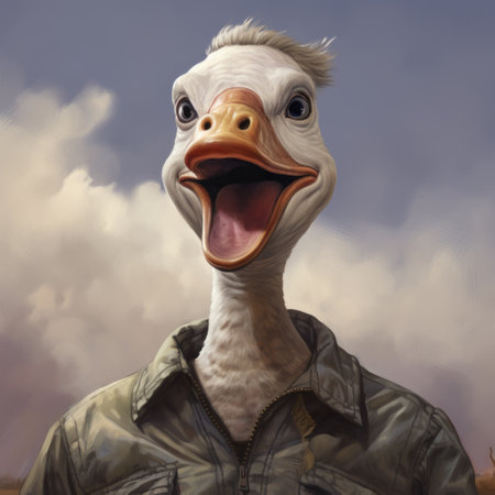 The head of an anthropomorphic goose with masculine facial features, a square jaw and short-cropped hair. A cross between a human and a goose.の素材