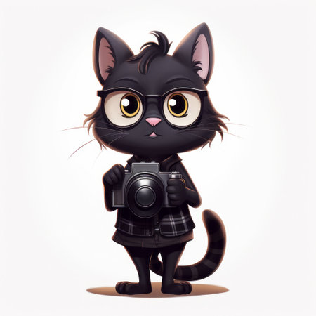 Cartoon black cat with glasses holding a camera on a white background.の素材