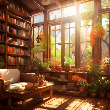 Cozy room with a large bookcase and a view of the sunny window.の素材