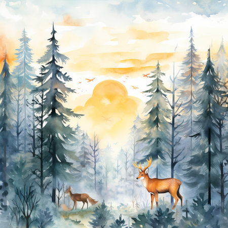 pattern of pine forest covered with snow, wild animals and bright morning sun.の素材