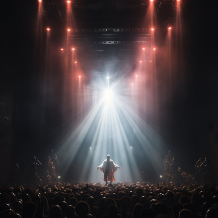 Kanye west peforming at epic show, holographic, prophet, temple, night, bright moon casting shadows, manic, terror.の素材