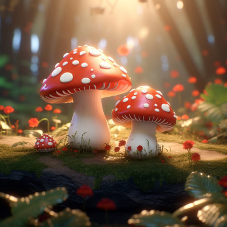 two cute mushrooms, red and white.の素材