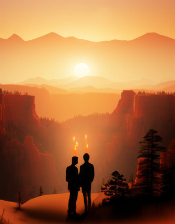 silhouette of a couple holding hands over a lit fire at sunrise.の素材