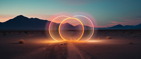 a large open dusty sandy space with neon circles. Late evening sunset.の素材