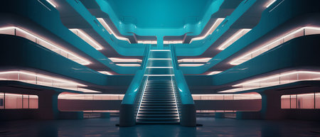 Sci-fi modern interior of a multi-tiered building with stairs to the top.の素材