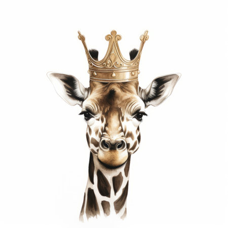 Artistic depiction of a giraffe's head with a crown on a white background.の素材