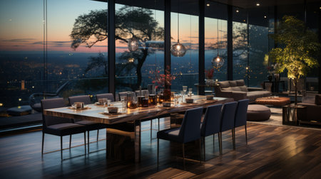 Sleek and minimalist dining room with panoramic views, glass walls and iconic furniture.の素材