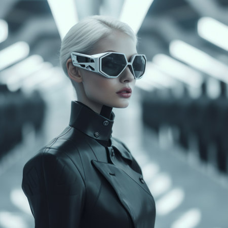 Science fiction, girl in a fashionable black suit wearing technology glasses.の素材