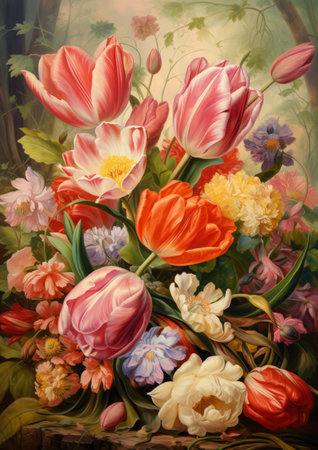 stylish composition of tulips, lotuses and ferns - oil painting.の素材