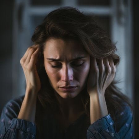 Anxious woman with hands on head upset.の素材