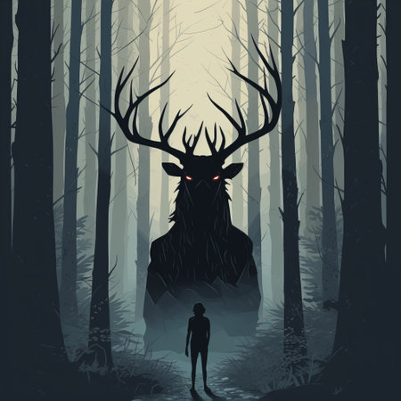 Illustration of a huge wendigo covering its head with horns..の素材