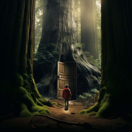 massive redwood tree in the forest with an open door.の素材