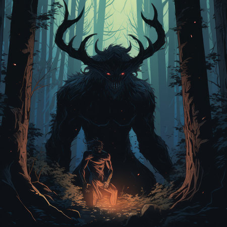Illustration of a huge and muscular Wendigo as tall as trees.の素材