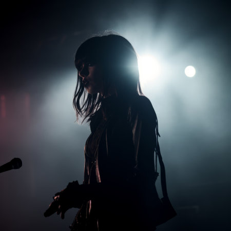 blurry silhouette photo of goth girl with bangs on stage.の素材