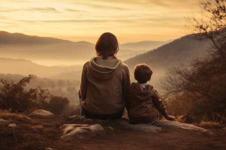 Mother and child look at landscape.の素材