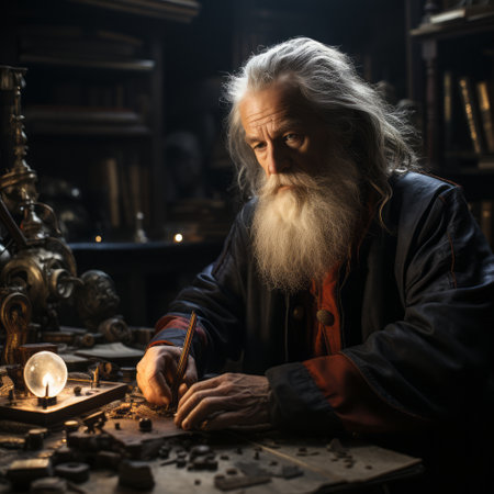 Portrait of scientist researcher in medieval laboratory.の素材