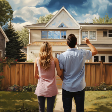 young couple near their new home.の素材