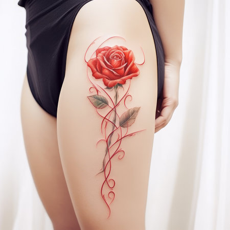 tattoo of a bright red rose on the leg of a young girl.の素材