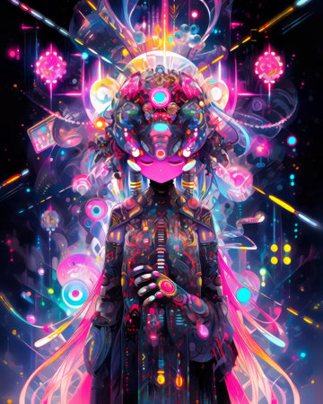 psychedelic art geisha, cyborg, robot fairy.の素材