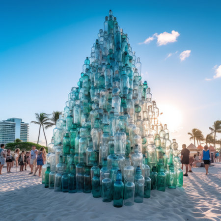 many glass bottles stacked on the shore.の素材