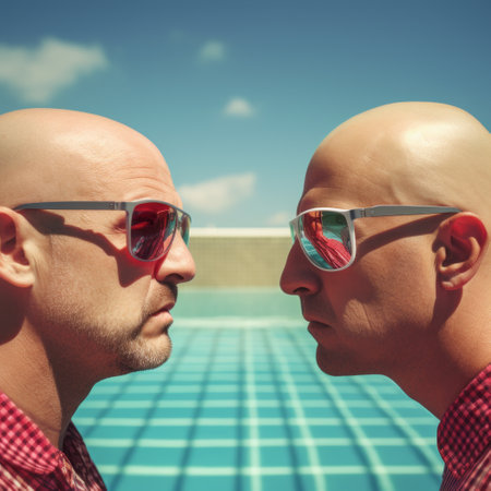 Two bald men looking at each other.の素材