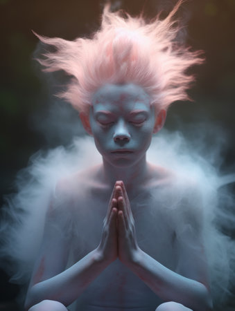 Albino with blue body color meditates.の素材