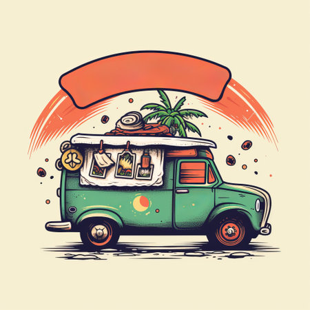 a cartoon of van with palm tree and sign.の素材