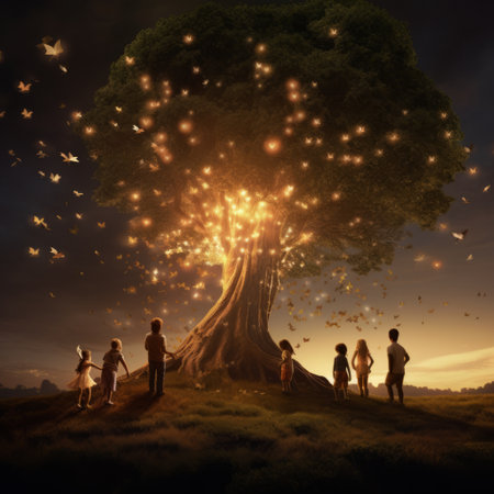 a group of children standing in front of tree with butterflies flying around.の素材