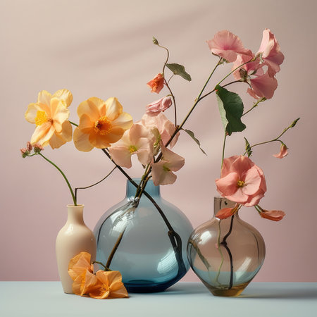 a group of flowers in vases.の素材