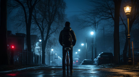 a person standing on bicycle on wet street at night.の素材