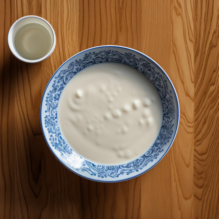 a bowl of milk and small glass of milk.の素材