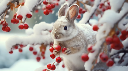 a rabbit in tree with berries.の素材