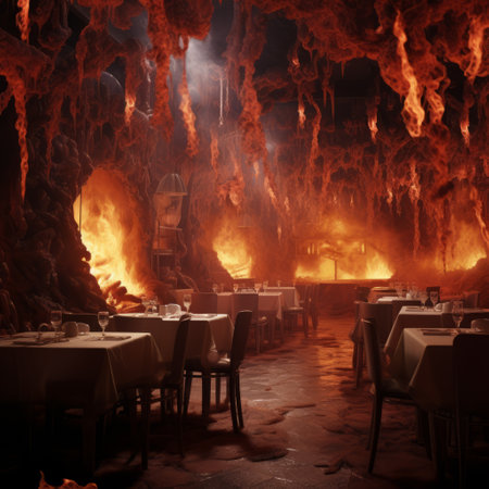 a restaurant with tables and chairs in cave.の素材