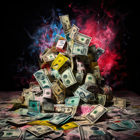 a pile of money on table.の素材