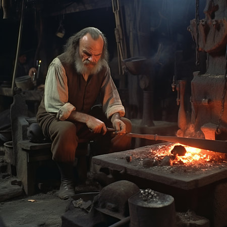 a man in a garment using a sword to make a fire.の素材