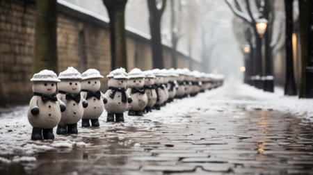 a row of snowmen on a sidewalk.の素材