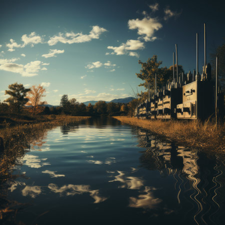 a body of water with trees and a building on the side.の素材