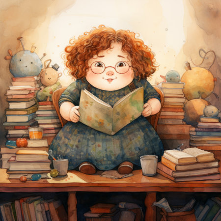 a cartoon of a girl reading a book.の素材