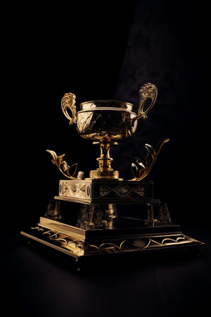 a gold trophy on a black background.の素材