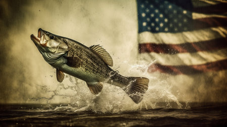 a fish jumping out of water with a flag in the background.の素材