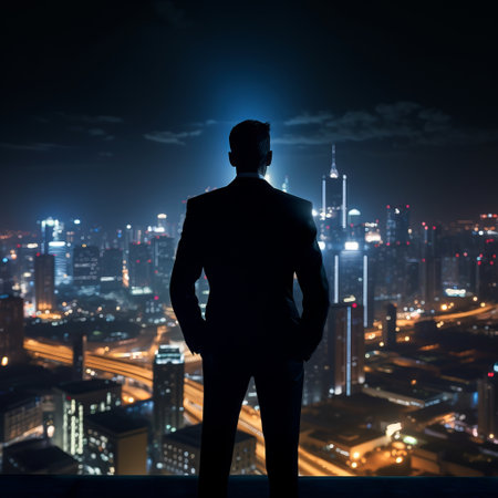 a man standing on a ledge looking at a city at night.の素材