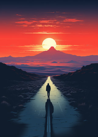 a person walking on a road with mountains in the background.の素材